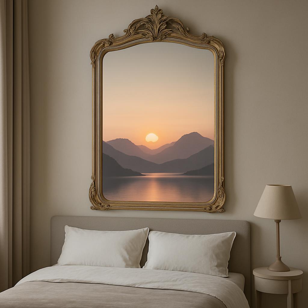Landscape sunset framed in a gold mirror hanging above a bed in a beige master bedroom.