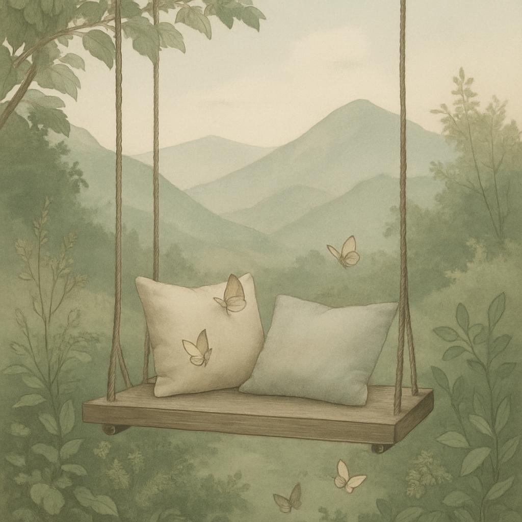 *imagine the picture of a tree swing, beige pillows, butterflies, and plants* A serene scene with a tree swing suspended b...