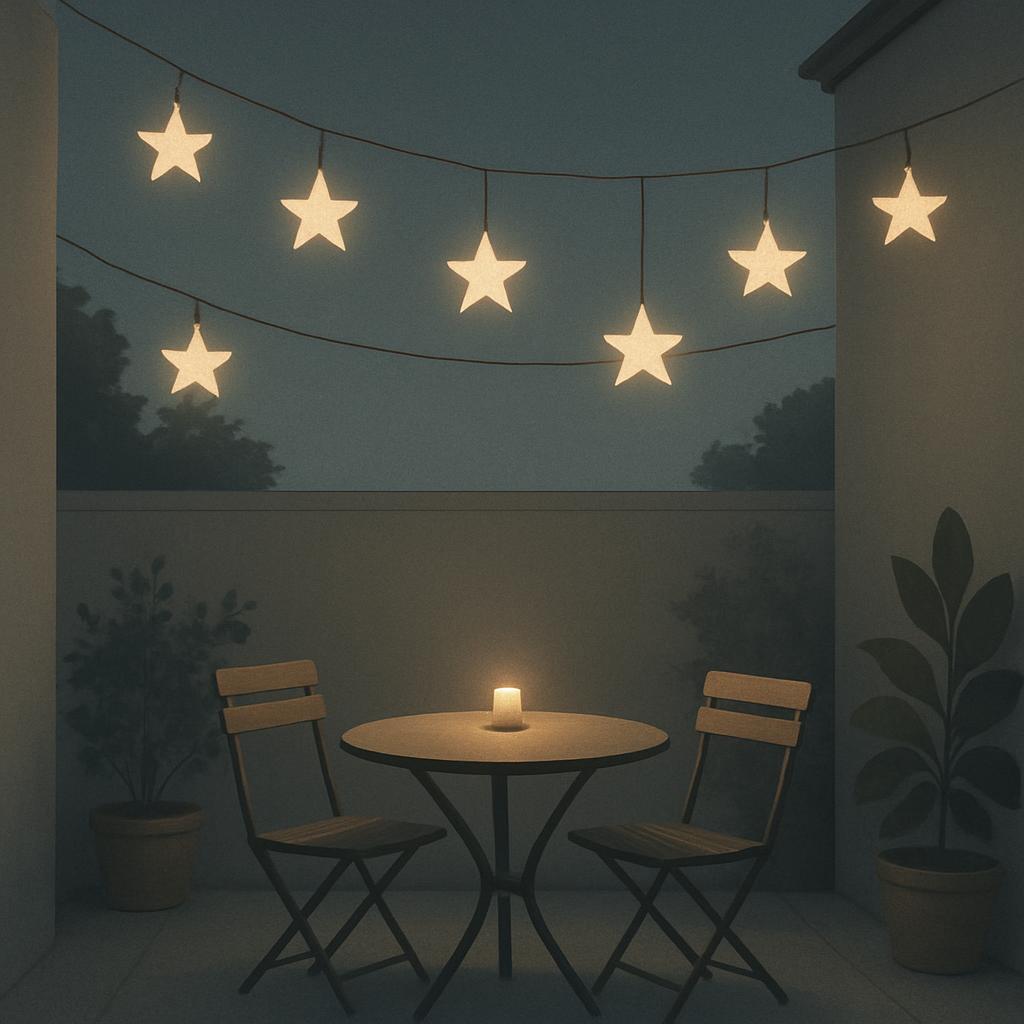 A cozy patio scene at dusk, featuring star-shaped lights strung above a small table and two wooden chairs.