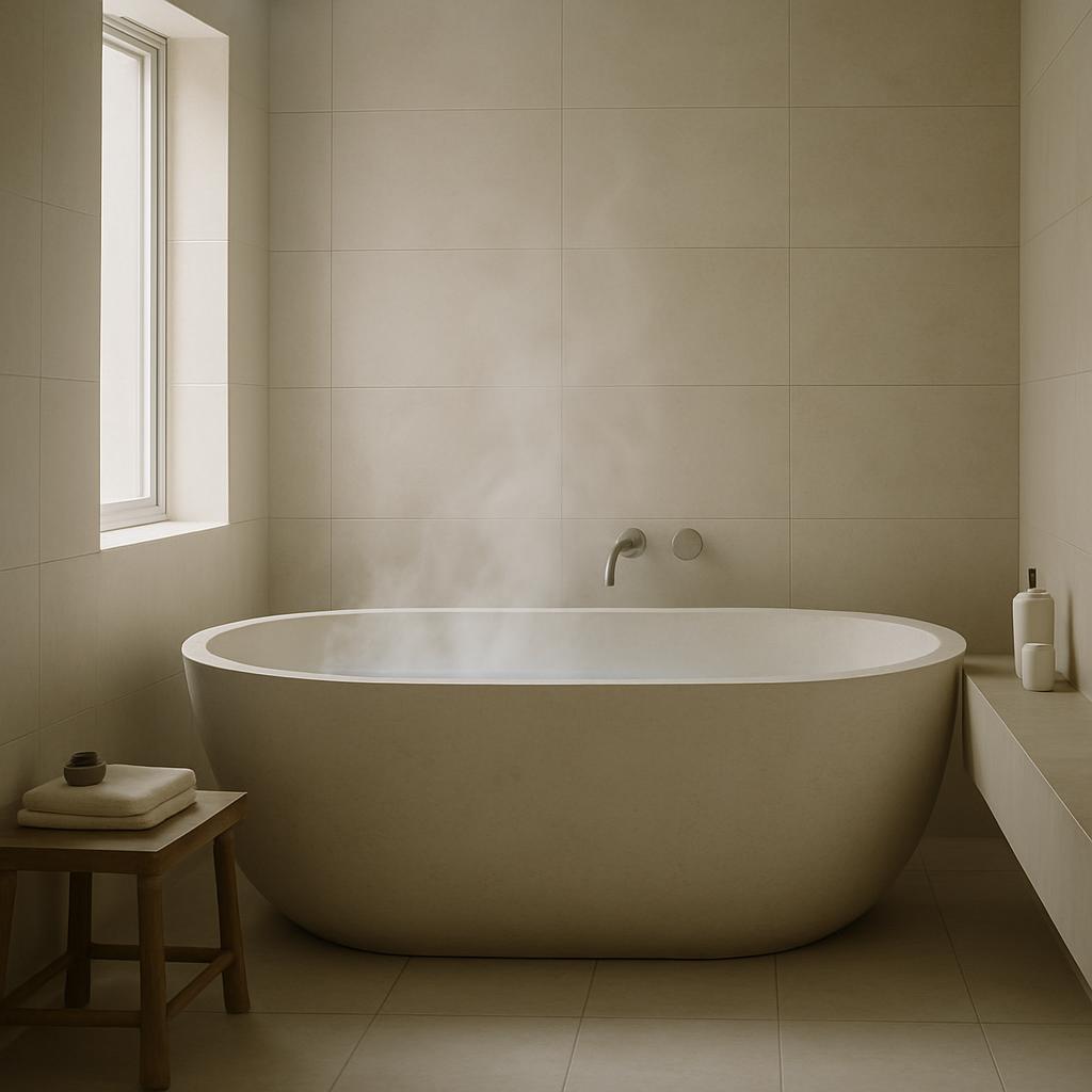 A modern bathroom featuring a large white bathtub against a wall of tiled beige stone, with a small window on the left of ...