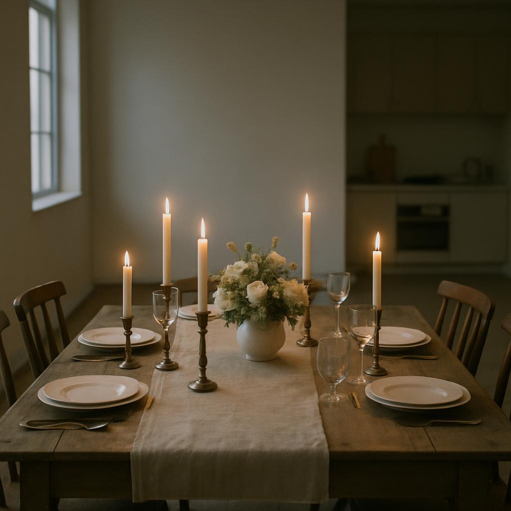 Candlelit table with white plates and tablecloth, set for an elegant meal. White flowers in a vase at the center.@Setter t...