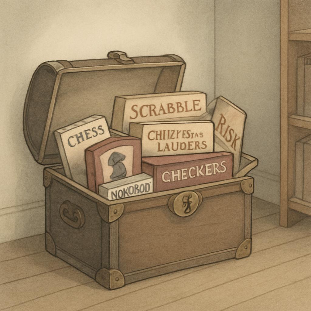 A vintage chest filled with game boxes including Scrabble, Chess and Nokobod.